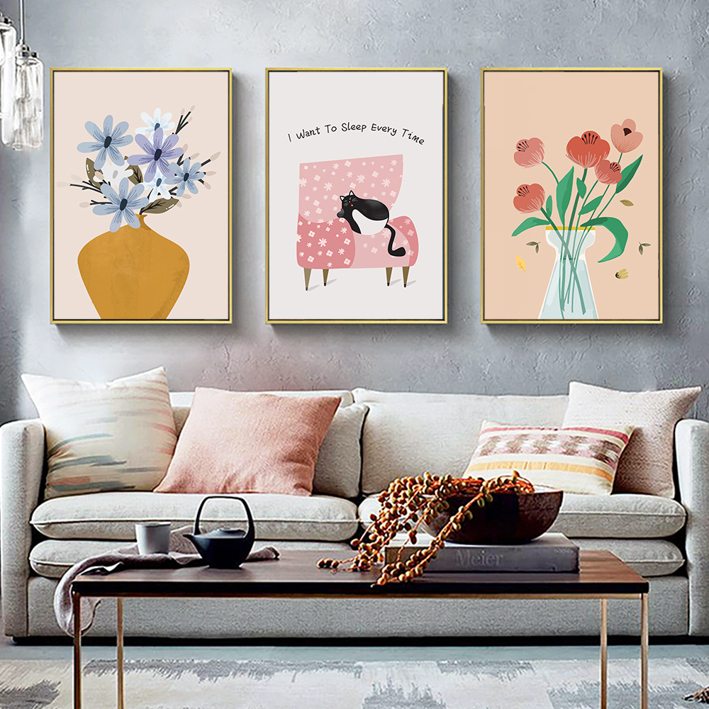 北欧现代清新植物花卉花瓶可爱猫咪客厅书房装饰画芯无框挂画打印插图3