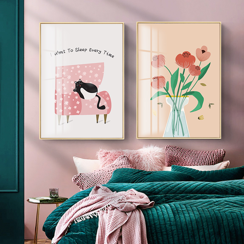 北欧现代清新植物花卉花瓶可爱猫咪客厅书房装饰画芯无框挂画打印插图4